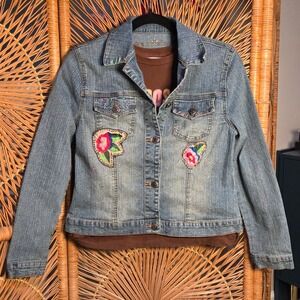 Y2K Vtg Arizona Jean Co Girl XL Denim Jacket Blue Flowers Butterfly Patches Cute